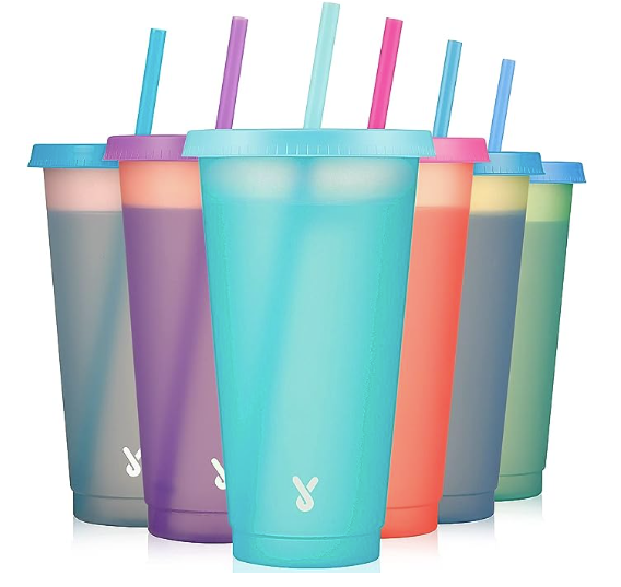 Meoky Plastic Cups with Lids and Straws Bulk - 6 Pack 24 oz Color Changing Reusable Cups with Lids and Straws for Adults Kid Women Party, Cute Cold Cups for Iced Coffee