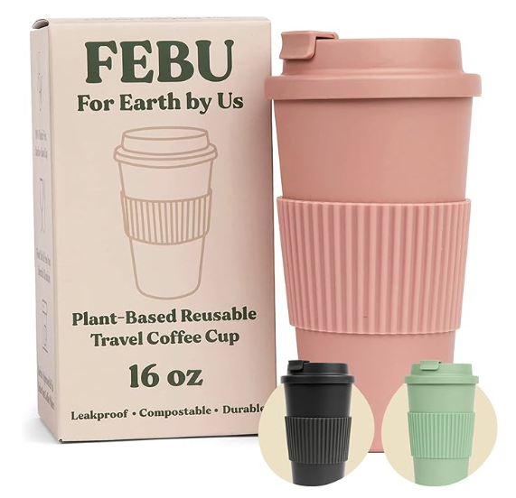 FEBU Plant-Based Reusable Coffee Cup with Lid and Sleeve | 16oz, Dusty Rose | Portable Travel Mug made from Bamboo | Dishwasher Safe, Zero Waste, Plastic Free with Leak-Proof Screw-on Lid