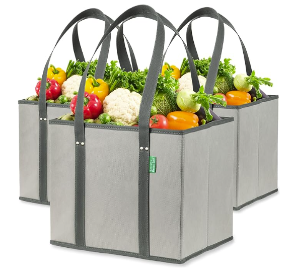 Reusable Grocery Bags (3 Pack) – Heavy Duty Reusable Shopping Bags with Box Shape to Stand Up, Stay Open, Fold Flat – Large Tote Bags with Long Handles & Reinforced Bottom