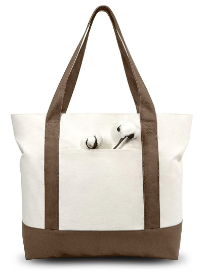 TOPDesign Stylish Canvas Tote Bag with an External Pocket, Top Zipper Closure, Daily Essentials