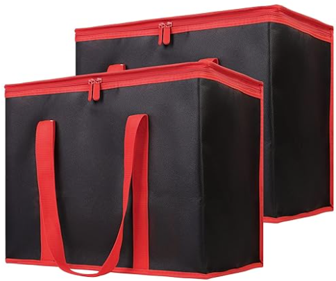 Bodaon 1-Pack Insulated Reusable Grocery Shopping Bags, X-Large Picnic Cooler Bag with Zipper Zippered Top Cold, Insulated Food/Pizza Delivery Bag (Black-Red Edge)