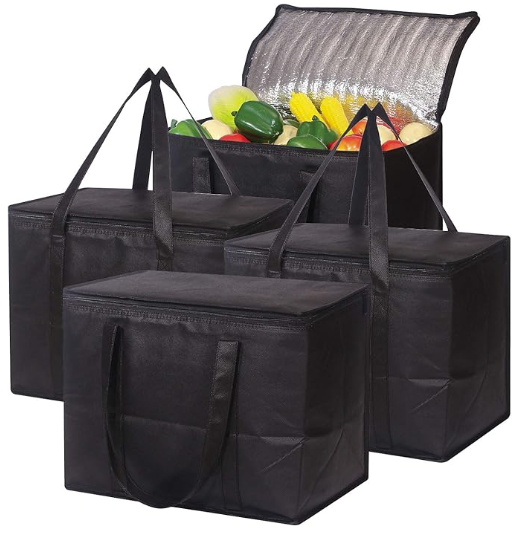 Set of 4 Large Insulated Reusable Grocery Bags with Sturdy Zipper and Handles, Foldable Washable Heavy Duty Cooler Totes for Hot or Cold Food Delivery, Groceries, Travel, Shopping