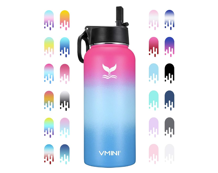 Vmini Water Bottle with Straw, Wide Rotating Handle Straw Lid, Wide Mouth Vacuum Insulated Stainless Steel Water Bottle,