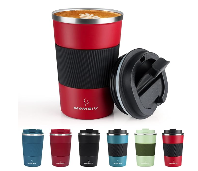 MOMSIV Insulated Coffee Cup with Leakproof Lid, Vacuum Stainless Steel Double Walled Reusable Tumbler for Hot and Cold Water Coffee and Tea In Travel and Car